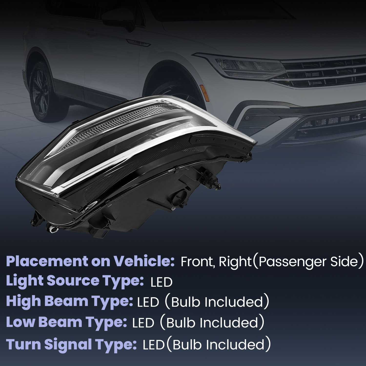 LED Headlight Fits for Volkswagen Tiguan SE 2022-2024 -Right Passenger Side Non-AFS