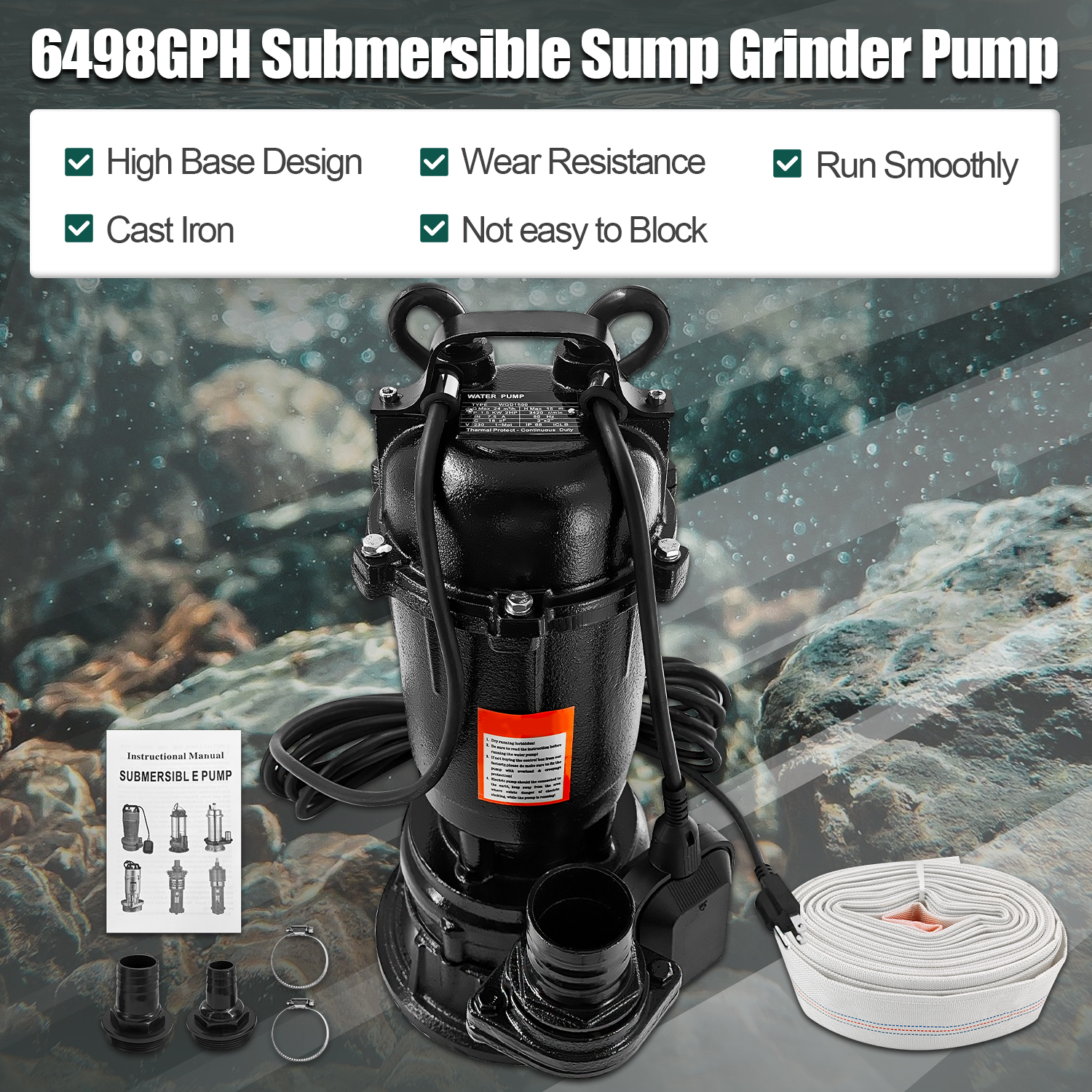 2HP 220V Sewage Grinder Pump w/Blades, 6498GPH Sewer Effluent Pump | w/Automatic Float Switch and 66ft Hose, for Sump Basin, Basement, Residential Sewage, 2'' NPT Discharge