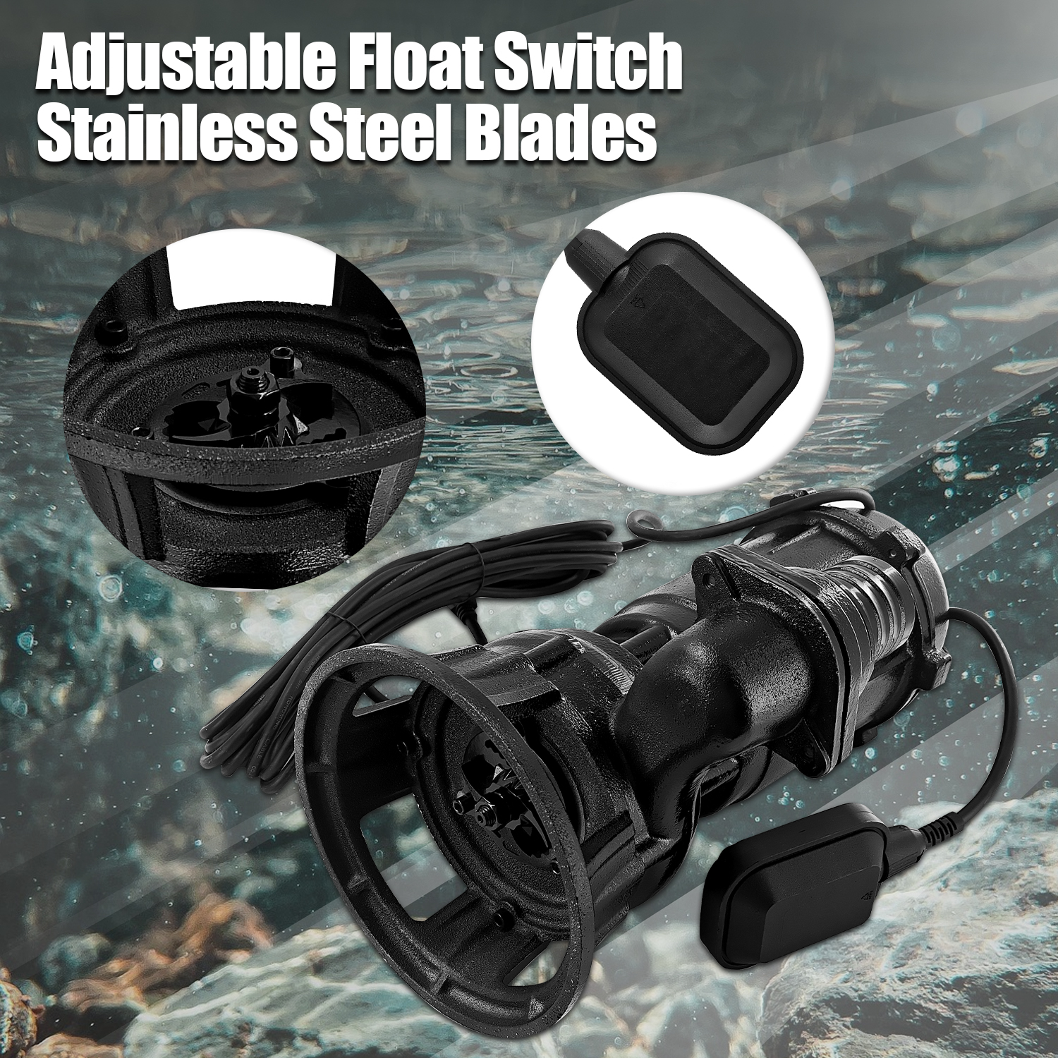 2HP 220V Sewage Grinder Pump w/Blades, 6498GPH Sewer Effluent Pump | w/Automatic Float Switch and 66ft Hose, for Sump Basin, Basement, Residential Sewage, 2'' NPT Discharge
