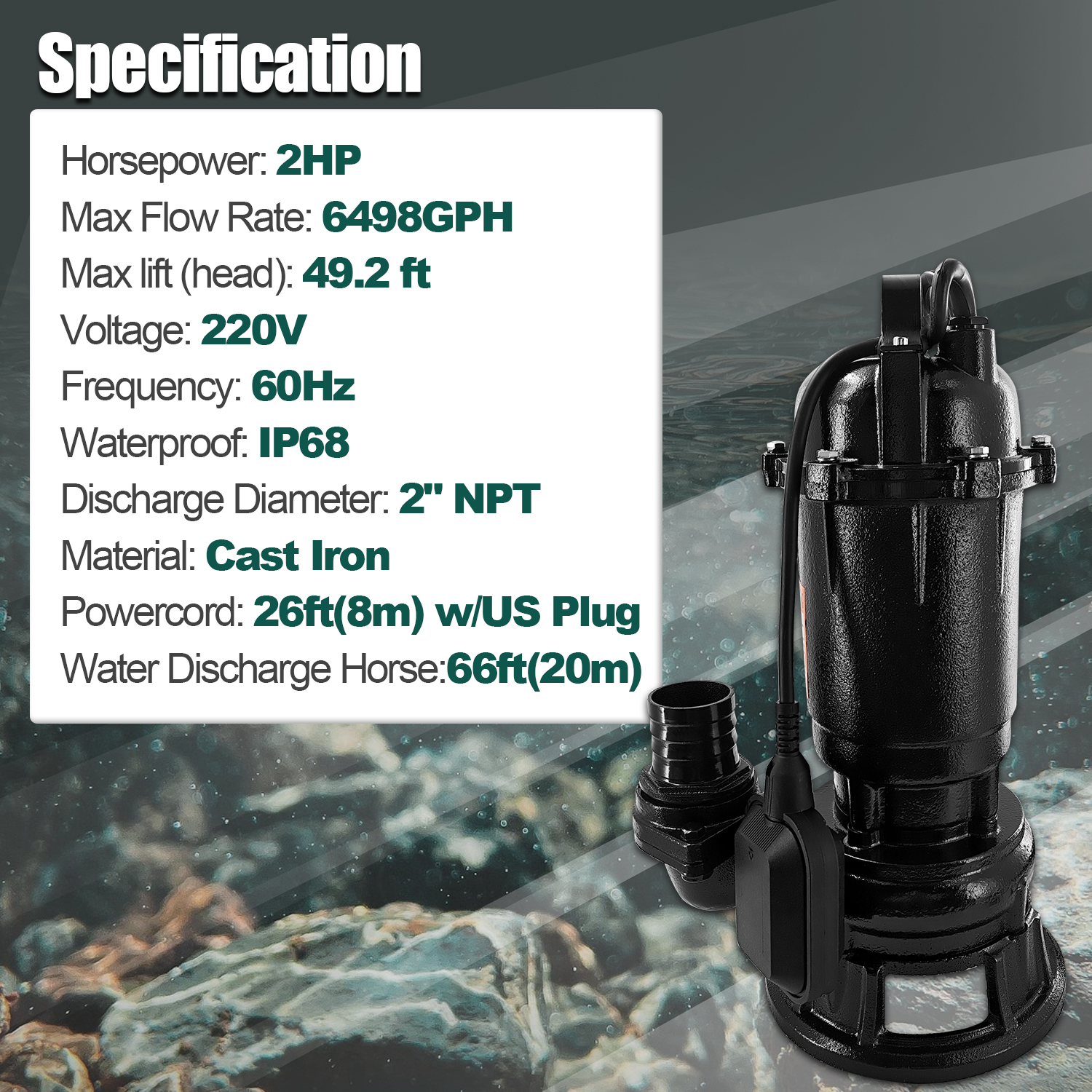 2HP 220V Sewage Grinder Pump w/Blades, 6498GPH Sewer Effluent Pump | w/Automatic Float Switch and 66ft Hose, for Sump Basin, Basement, Residential Sewage, 2'' NPT Discharge