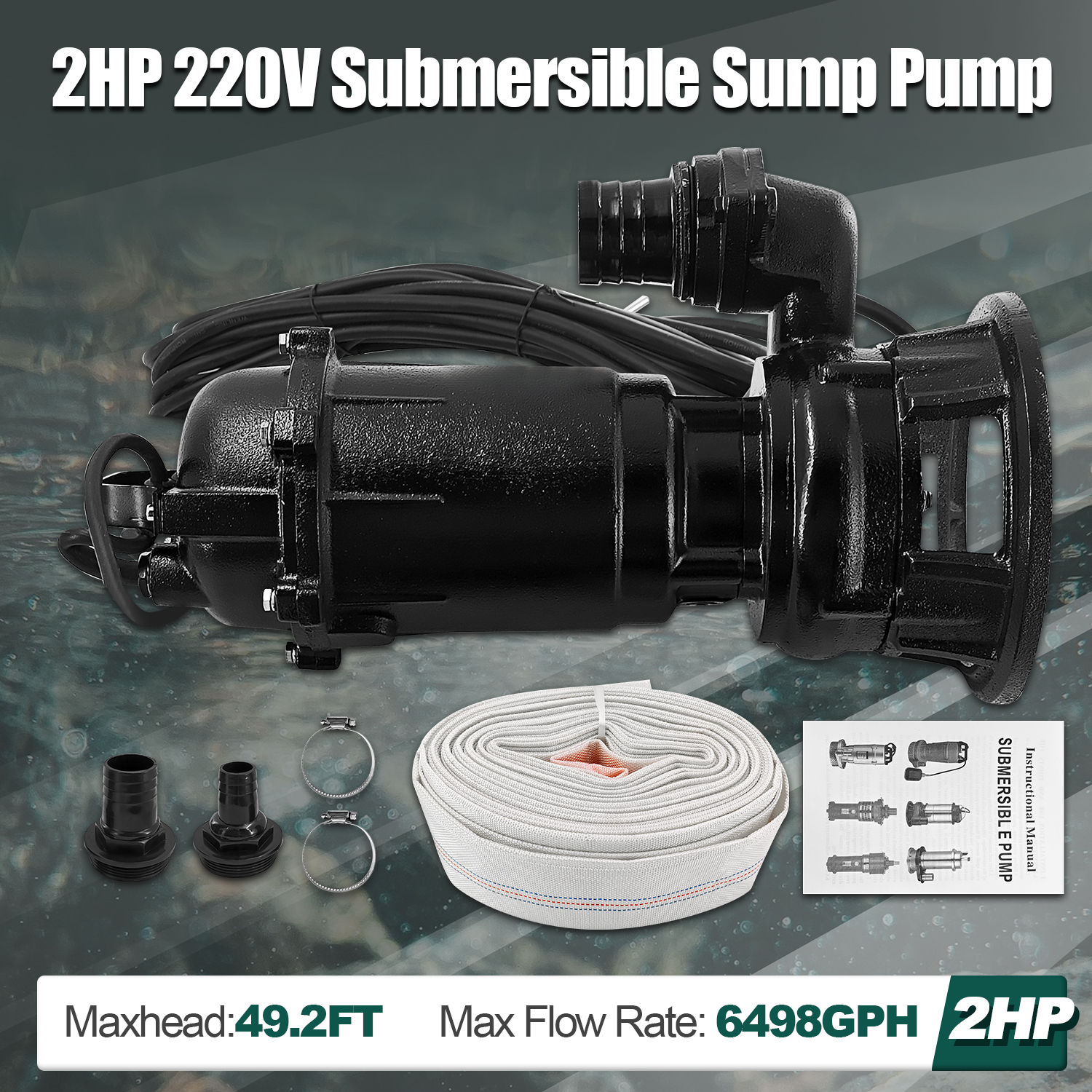 2HP 220V Sewage Grinder Pump w/Blades, 6498GPH Sewer Effluent Pump | w/Automatic Float Switch and 66ft Hose, for Sump Basin, Basement, Residential Sewage, 2'' NPT Discharge