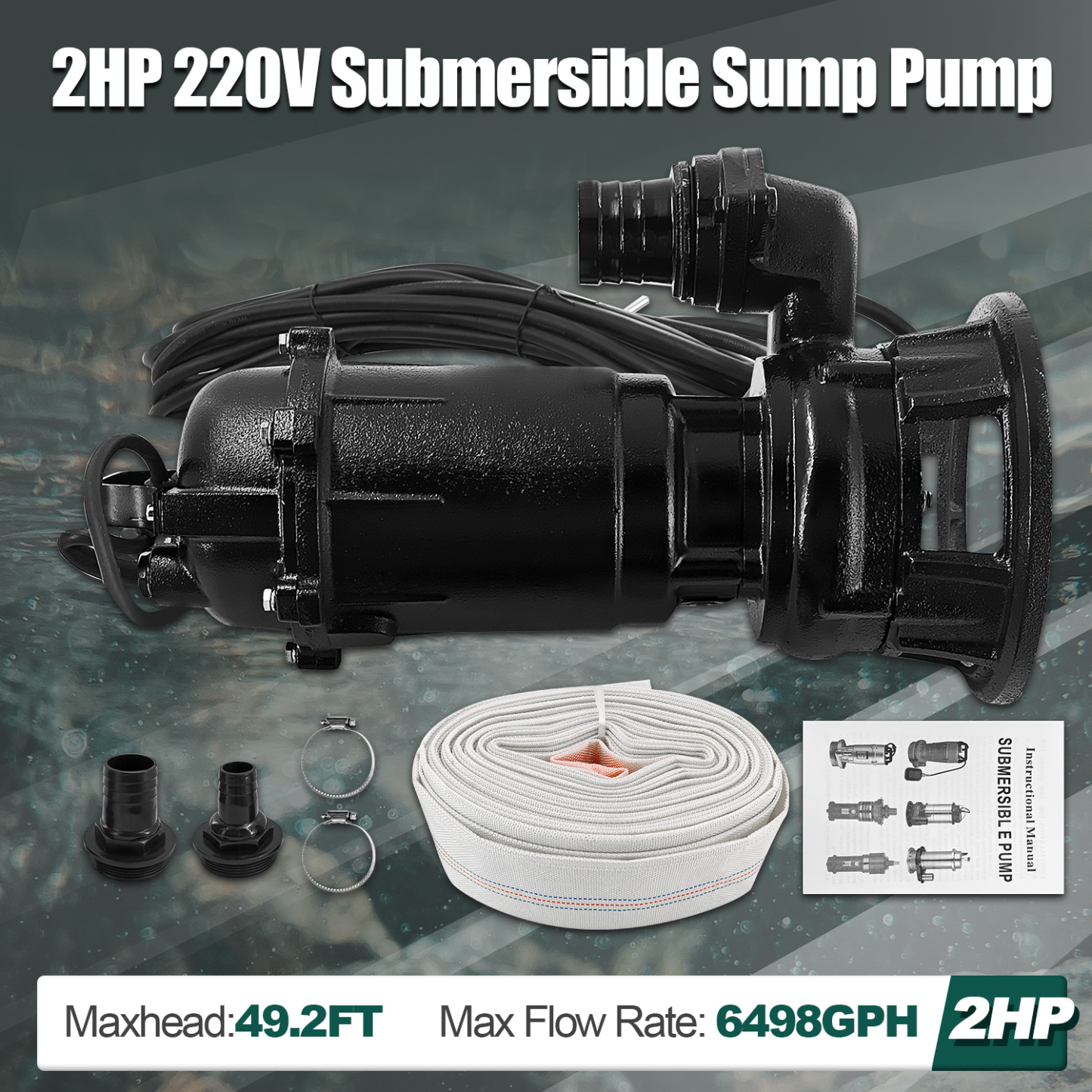 2HP 220V Sewage Grinder Pump w/Blades, 6498GPH Sewer Effluent Pump | w/Automatic Float Switch and 66ft Hose, for Sump Basin, Basement, Residential Sewage, 2'' NPT Discharge