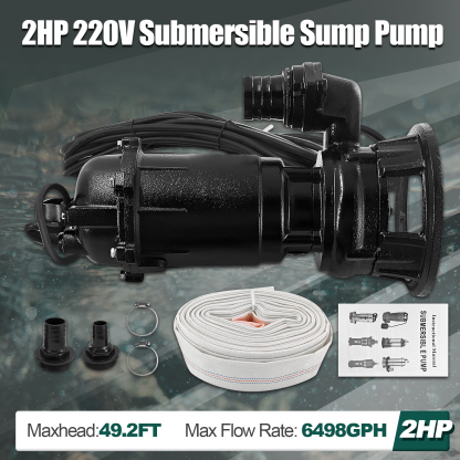 2HP 220V Sewage Grinder Pump w/Blades, 6498GPH Sewer Effluent Pump | w/Automatic Float Switch and 66ft Hose, for Sump Basin, Basement, Residential Sewage, 2'' NPT Discharge