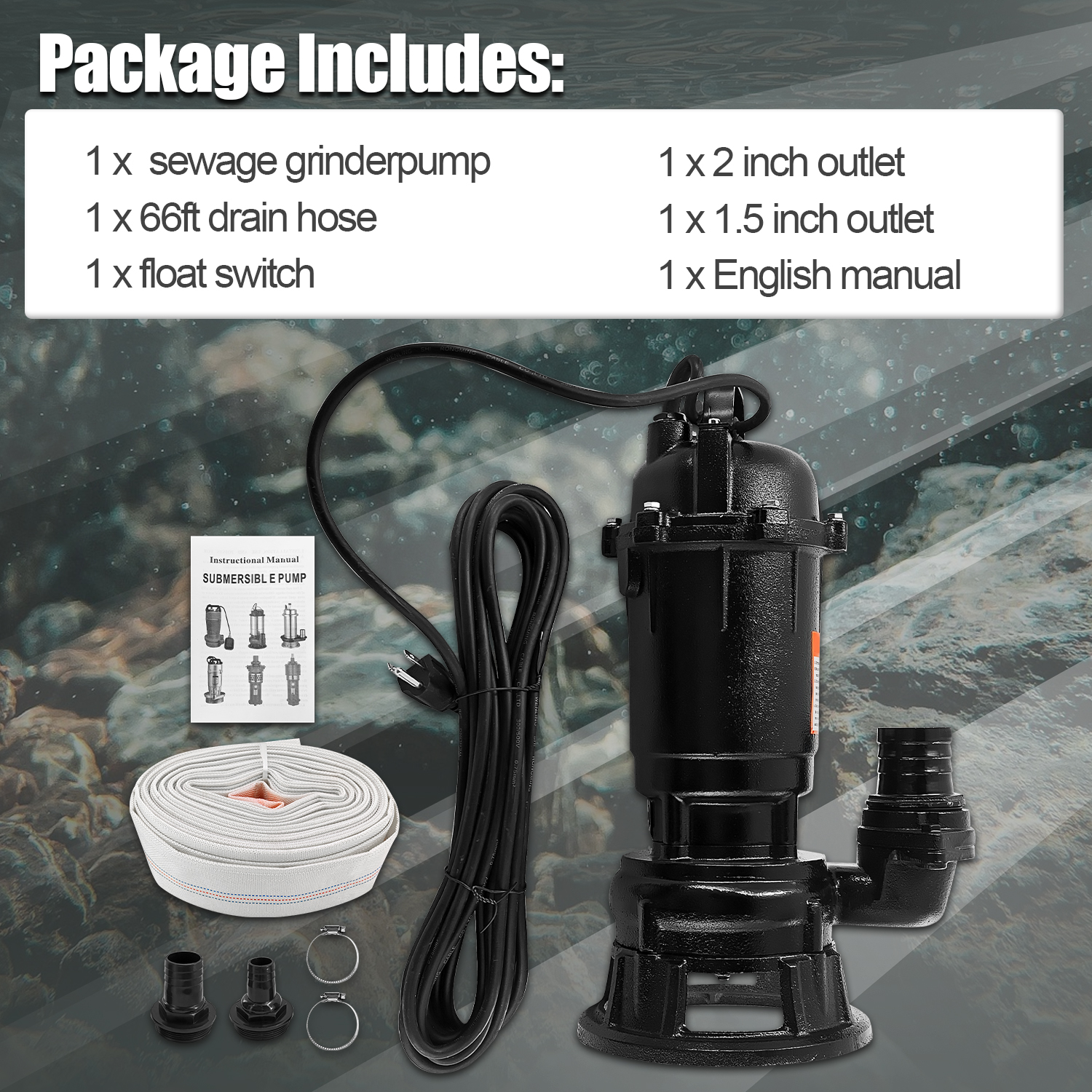 2HP 220V Sewage Grinder Pump w/Blades, 6498GPH Sewer Effluent Pump | w/Automatic Float Switch and 66ft Hose, for Sump Basin, Basement, Residential Sewage, 2'' NPT Discharge