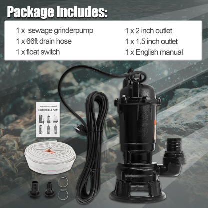 2HP 220V Sewage Grinder Pump w/Blades, 6498GPH Sewer Effluent Pump | w/Automatic Float Switch and 66ft Hose, for Sump Basin, Basement, Residential Sewage, 2'' NPT Discharge