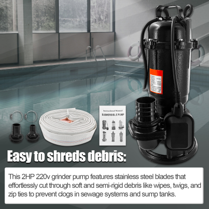 2HP 220V Sewage Grinder Pump w/Blades, 6498GPH Sewer Effluent Pump | w/Automatic Float Switch and 66ft Hose, for Sump Basin, Basement, Residential Sewage, 2'' NPT Discharge