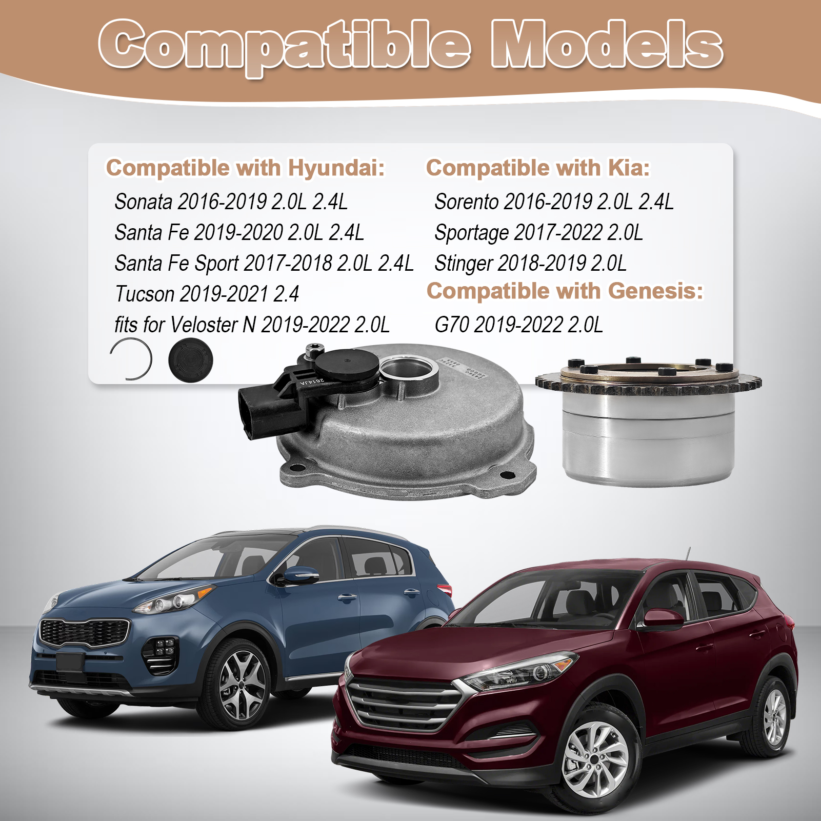 CVVT Intake & Engine Valve Timing Solenoid w/Sensor for Hyundai G70/Santa Fe/Santa Fe Sport/Sonata/Tucson, for Veloster N, for Kia Sorento/Sportage/Stinger 2016-2022