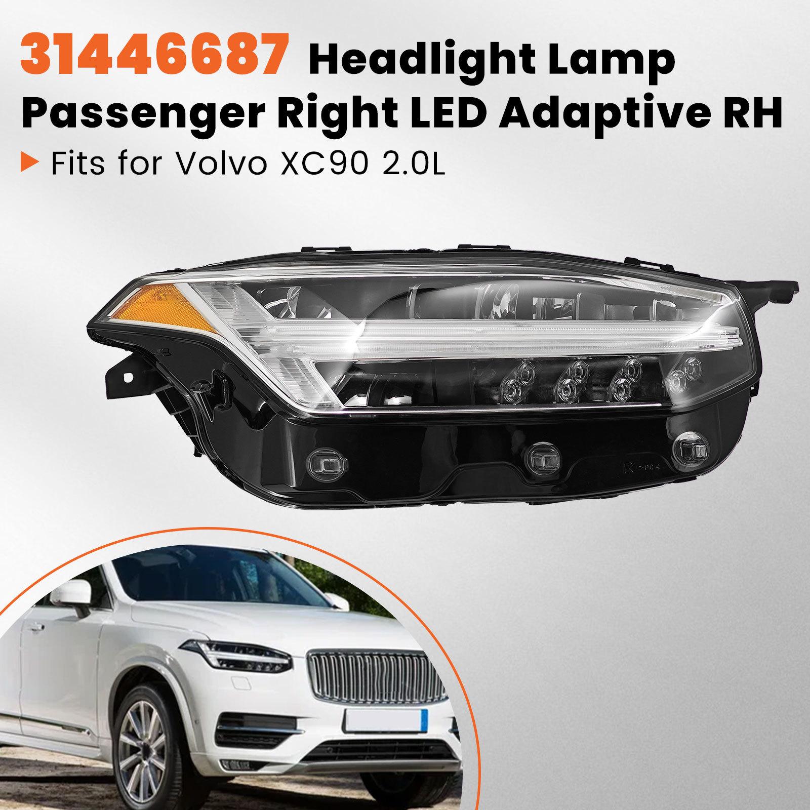Right LED Headlight Compatible with Volvo XC90 2.0L 2016-2018 -Passenger Side