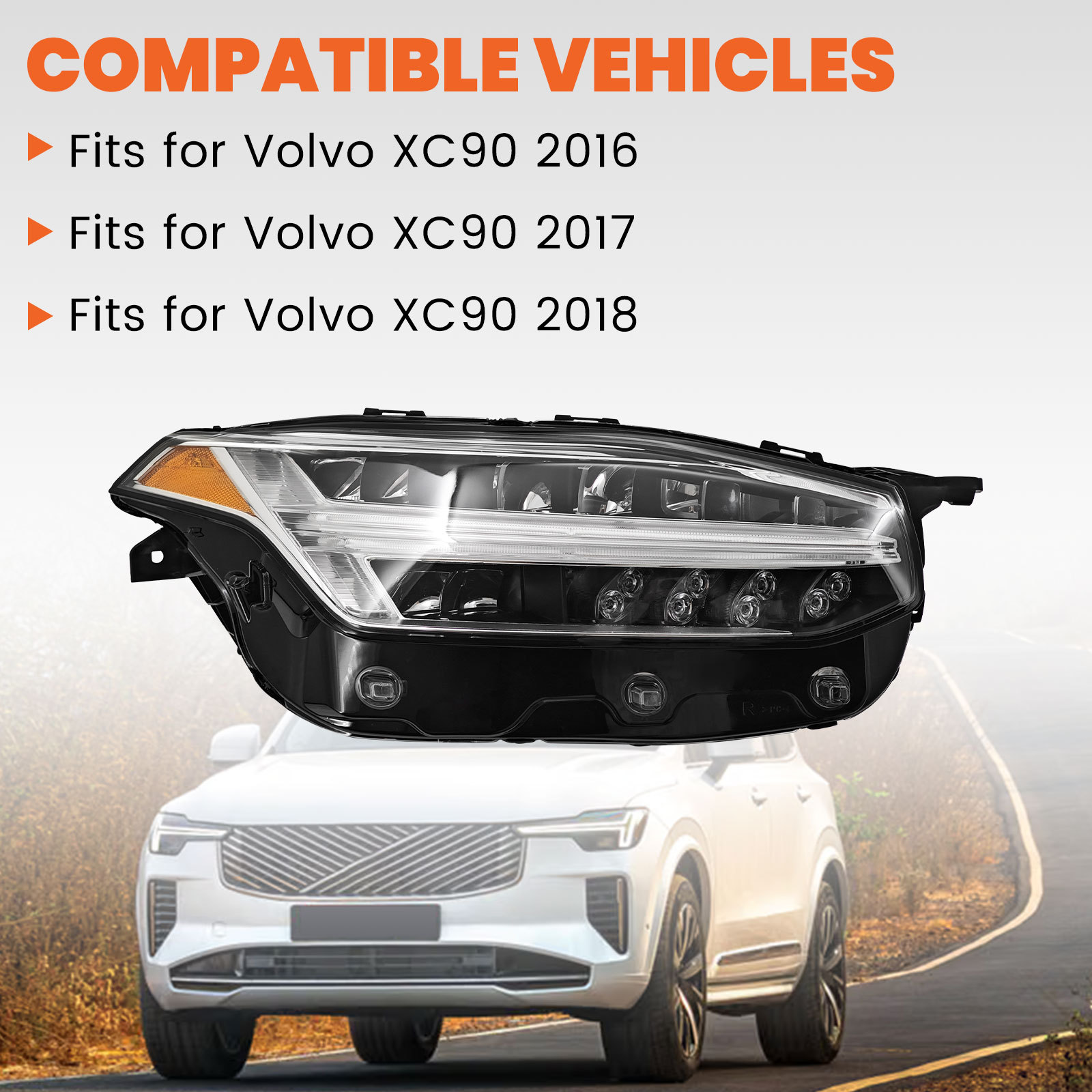 Right LED Headlight Compatible with Volvo XC90 2.0L 2016-2018 -Passenger Side