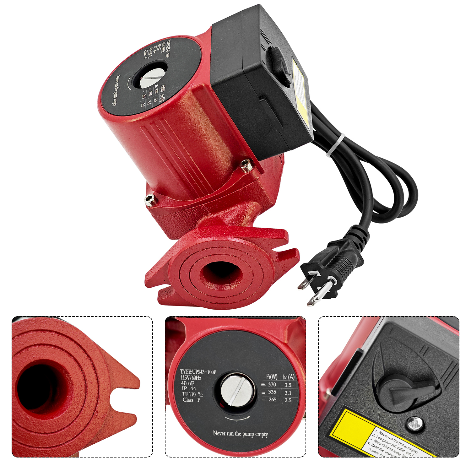 1/3 HP Water Circulator Pump Fits for Grundfos 230V 3-Speed, Hot Water Recirculating Pump for Hydronic Radiant Floor Domestic UPS43100F