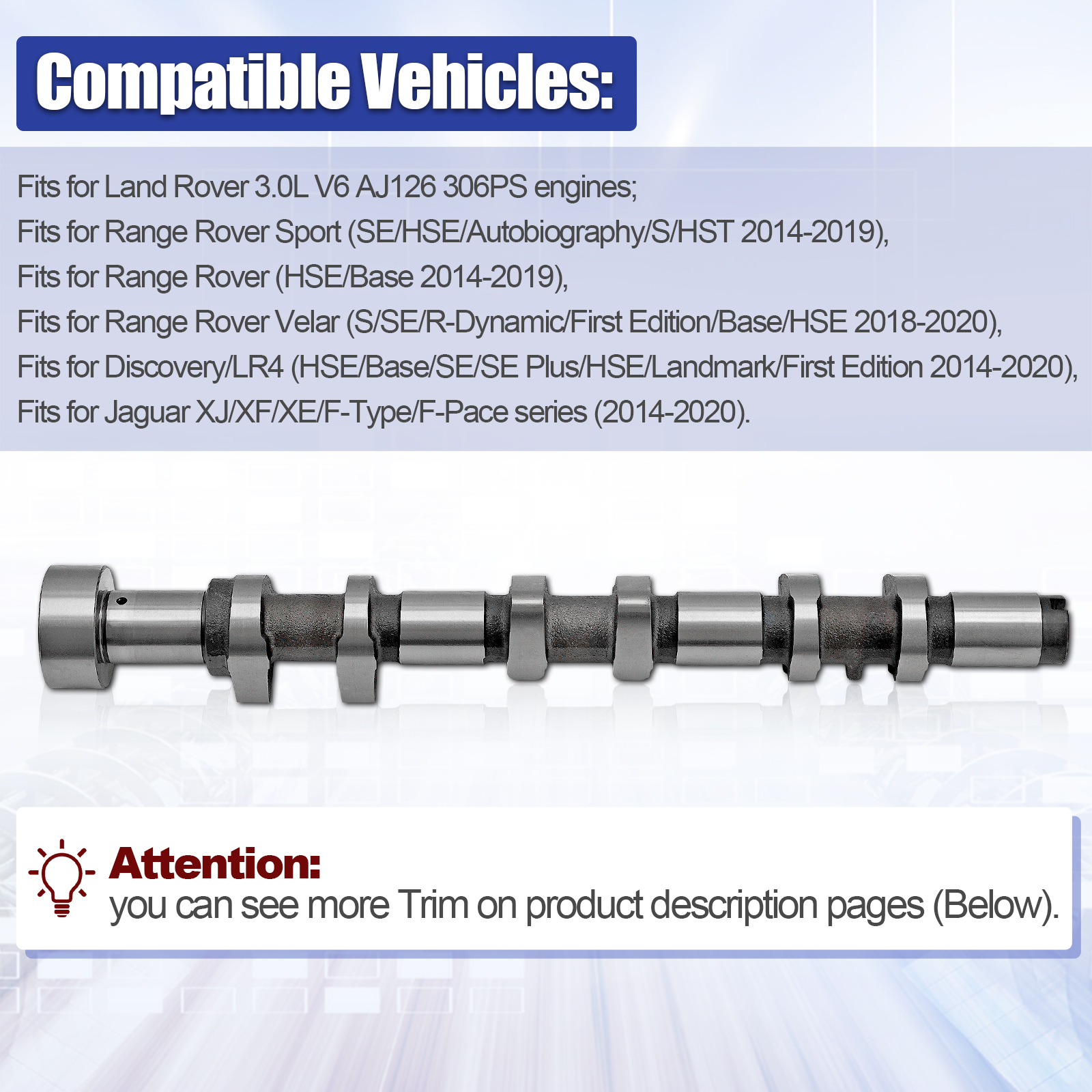 Left Intake Camshaft Fit for Range Rover 2014-2019, Discovery/LR4 2014-2020, Fit for Jaguar 2014-2020 3.0L V6 AJ126 306PS Engine