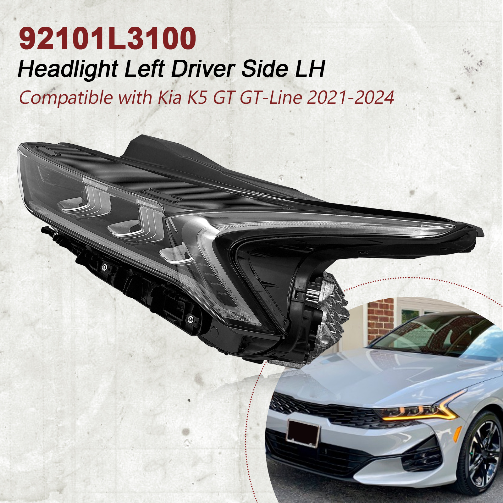 LED Headlight Left Driver Side for Kia K5 GT GT-Line 2021-2024 (NOT compatible with LX/LXS/EX)