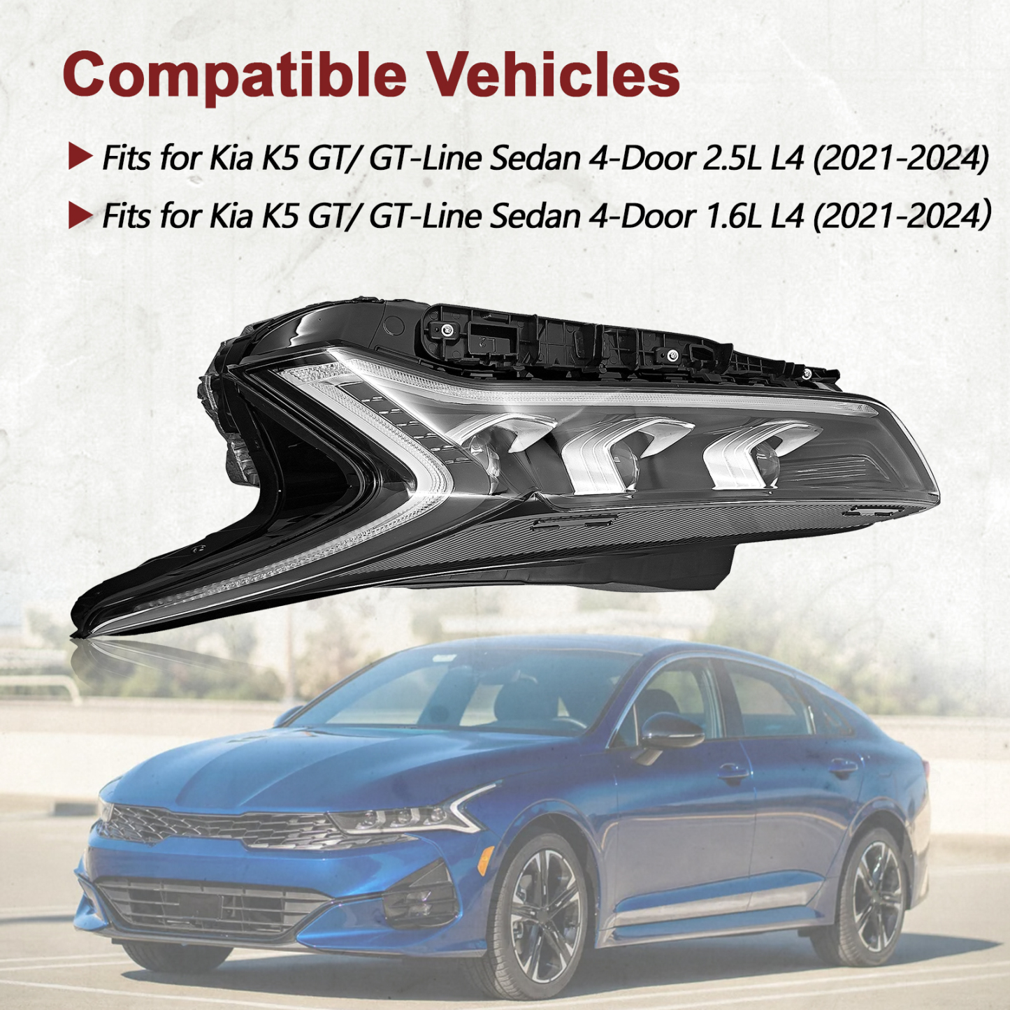 LED Headlight Left Driver Side for Kia K5 GT GT-Line 2021-2024 (NOT compatible with LX/LXS/EX)