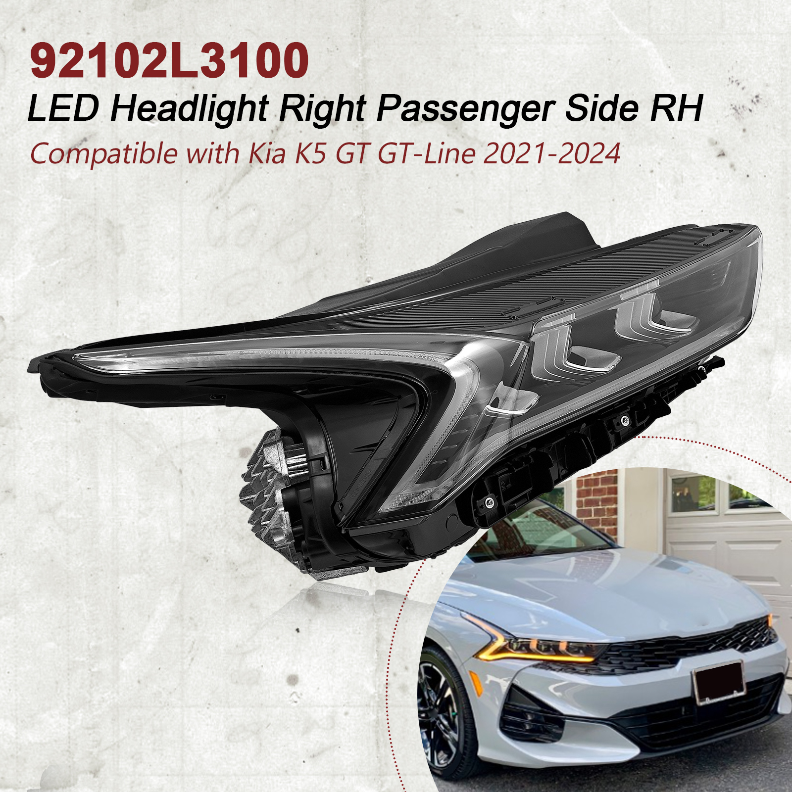 LED Headlight Right Passenger Side for Kia K5 GT GT-Line 2021-2024 (NOT compatible with LX/LXS/EX)