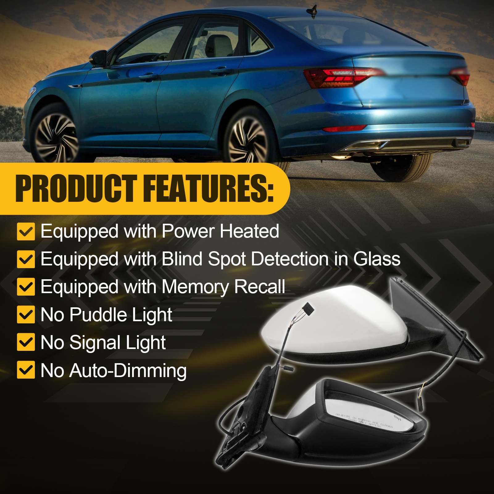 White Right Passenger Side Power Mirror Fits for Volkswagen Jetta 2019-2023 w/Blind Spot Detection, Power Heated