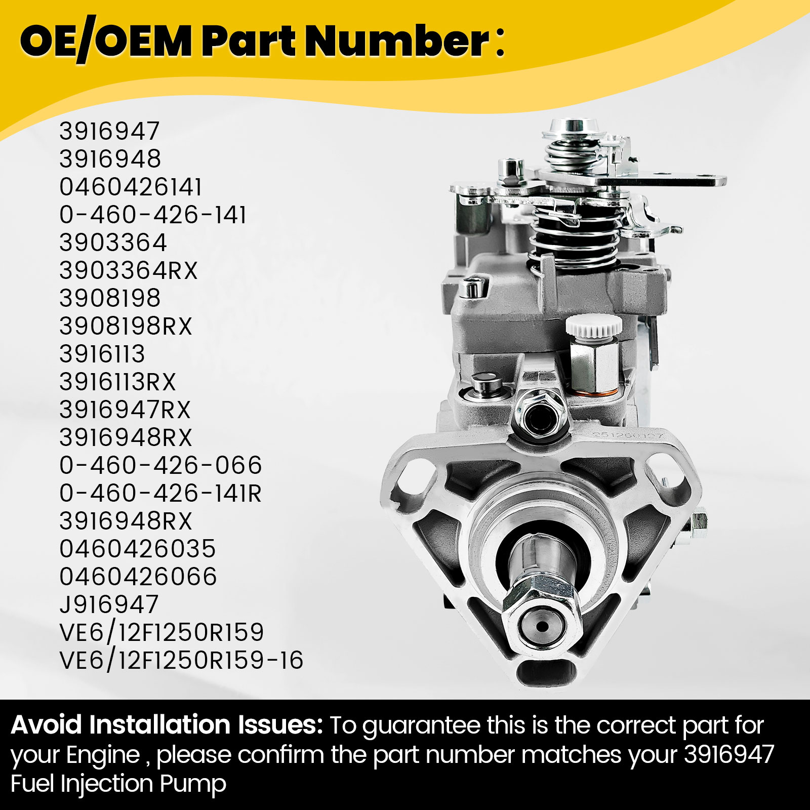 VE6 Fuel Injection Pump Compatible with Cummins 6BT 5.9L Engine #3916947 