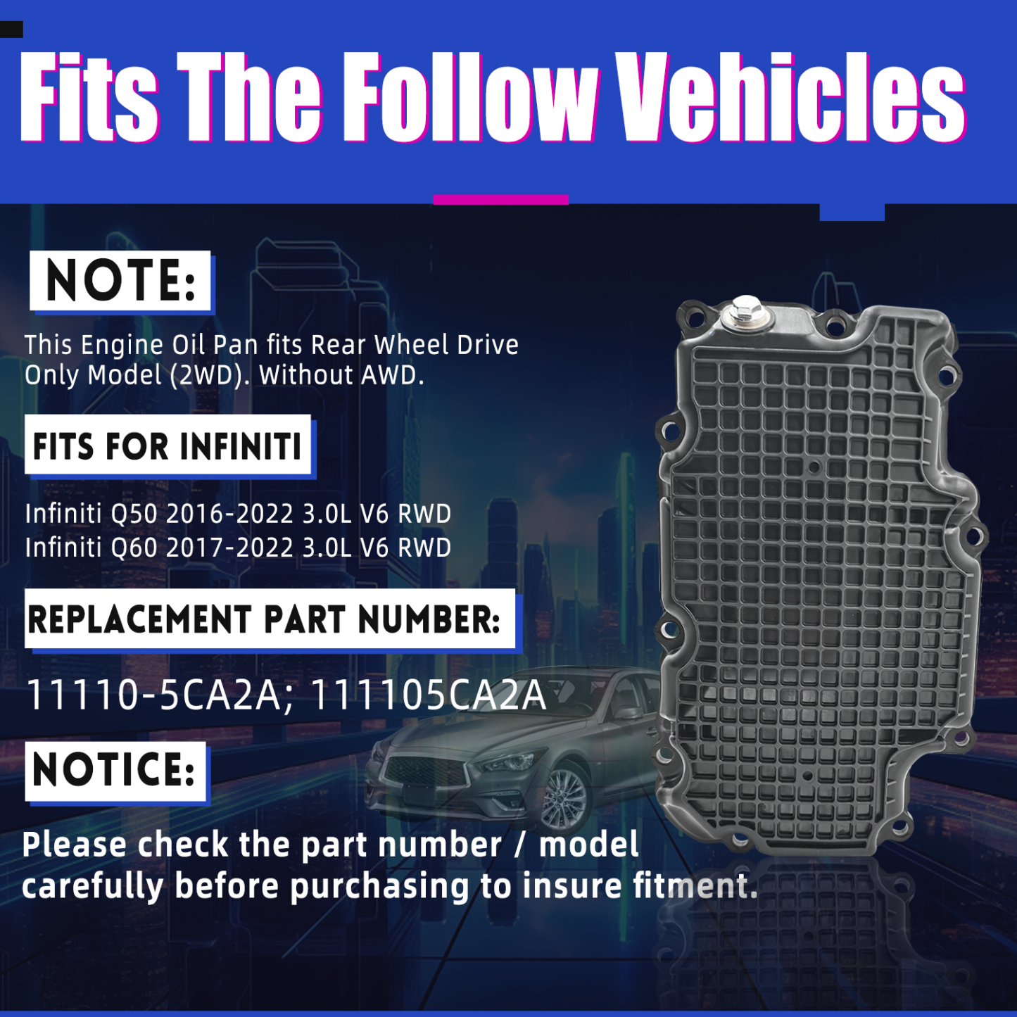11110-5CA2A Lower Engine Oil Pan Fits for Infiniti Q50 2016-2022 3.0L V6 RWD