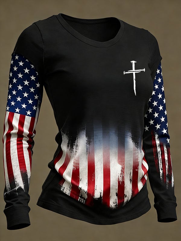 Vintage American Flag FAITH Print Long-Sleeved T-Shirt