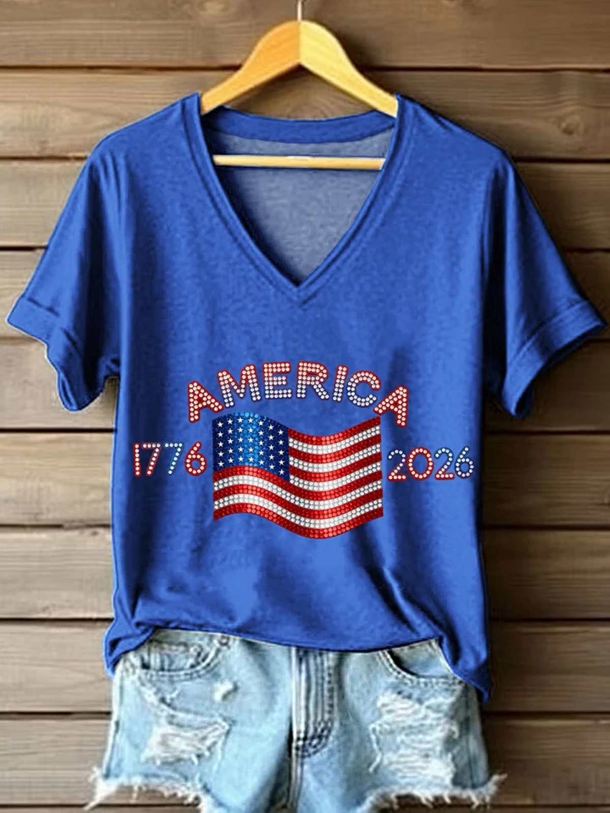 Women's American 1776-2026 Rhinestone Pattern V-Neck T-Shirt