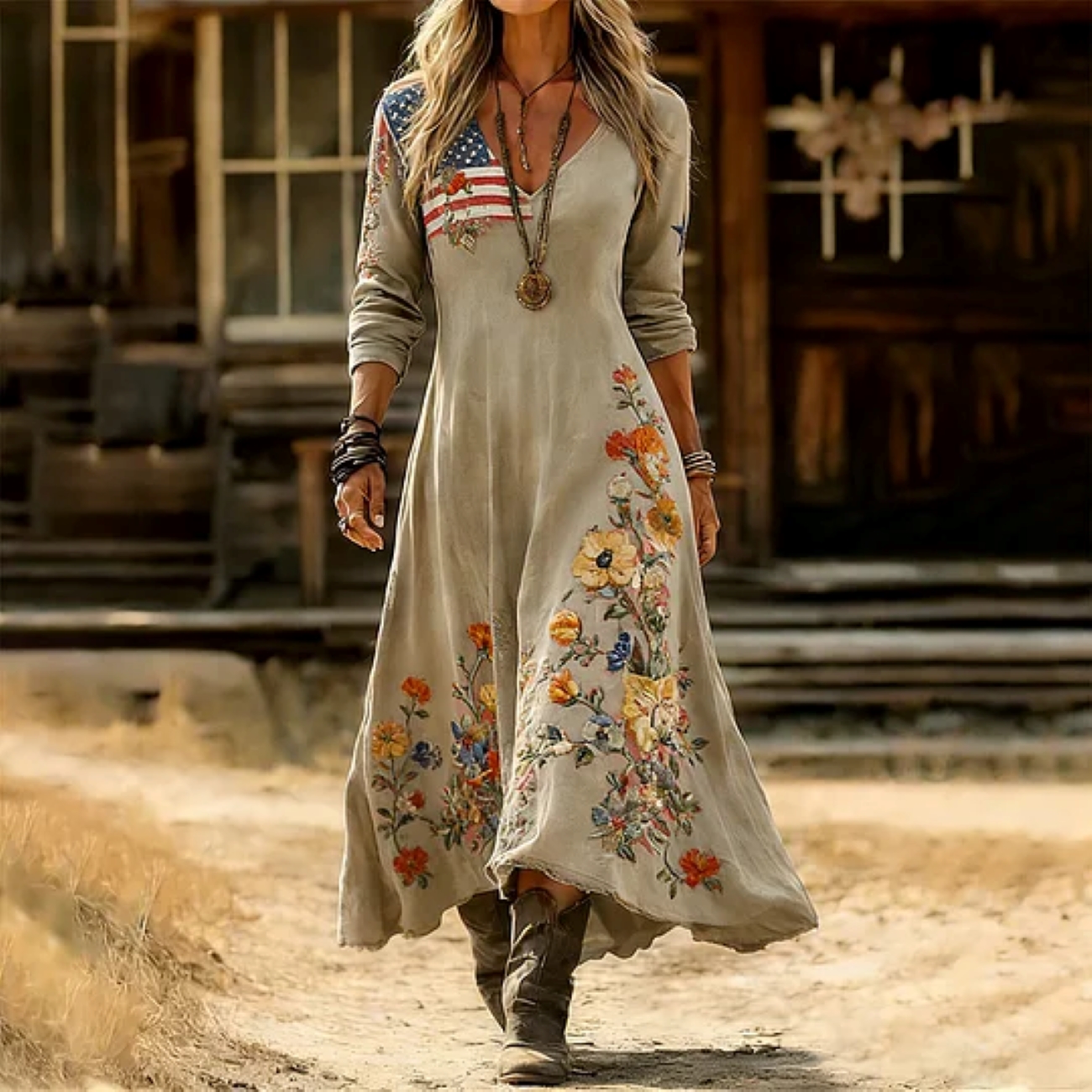 American Floral Art and Leisure Print Casual Dress