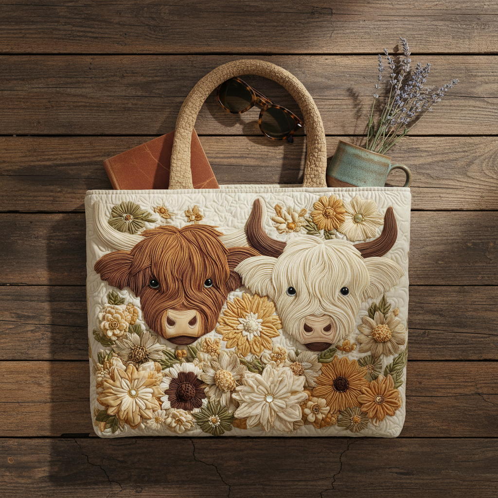 🔥🔥New Year 50% Off--💼 Durable Quilted Totes — Highland Cow Quilted Tote Bag | Must-Have For Daily Use