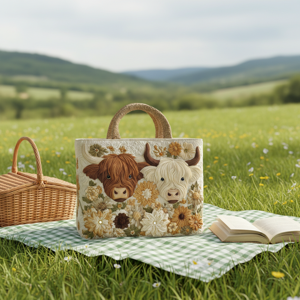 🔥🔥New Year 50% Off--💼 Durable Quilted Totes — Highland Cow Quilted Tote Bag | Must-Have For Daily Use