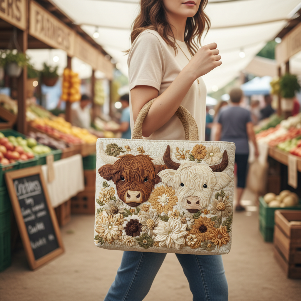 🔥🔥New Year 50% Off--💼 Durable Quilted Totes — Highland Cow Quilted Tote Bag | Must-Have For Daily Use