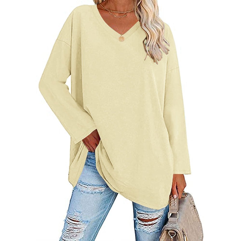 Women's Loose Long Sleeve Fashion V-neck Top-Pink Laura