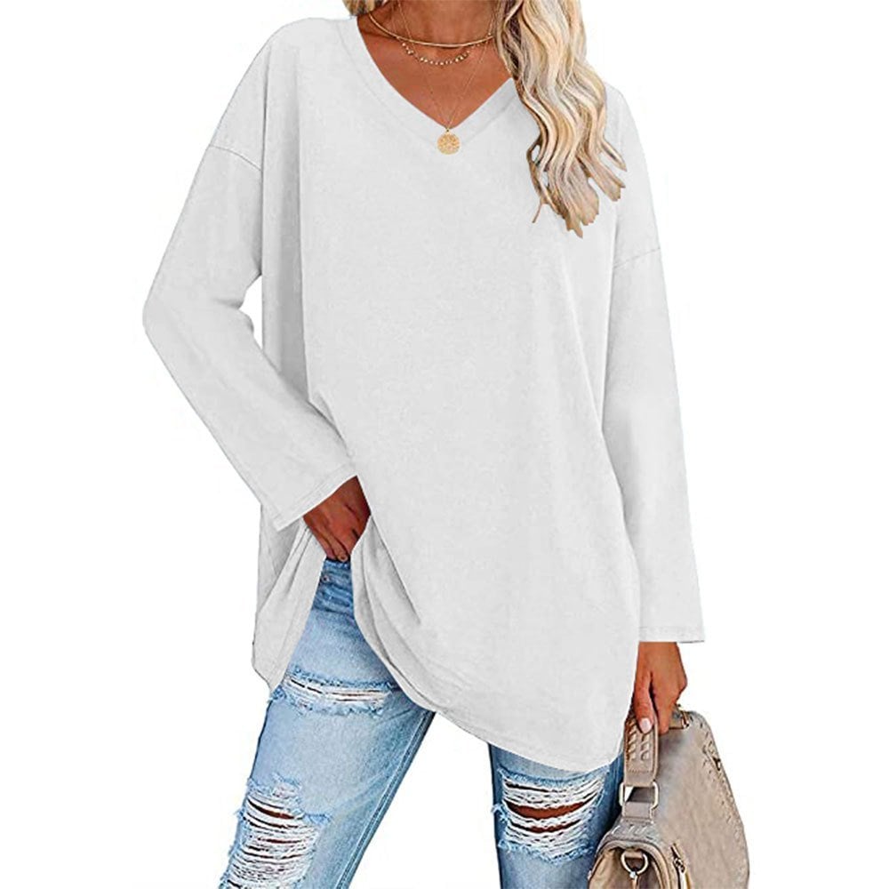 Women's Loose Long Sleeve Fashion V-neck Top-Pink Laura