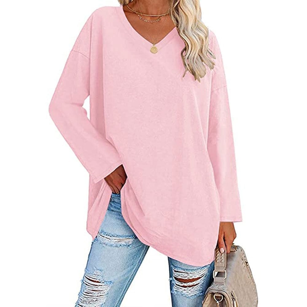 Women's Loose Long Sleeve Fashion V-neck Top-Pink Laura