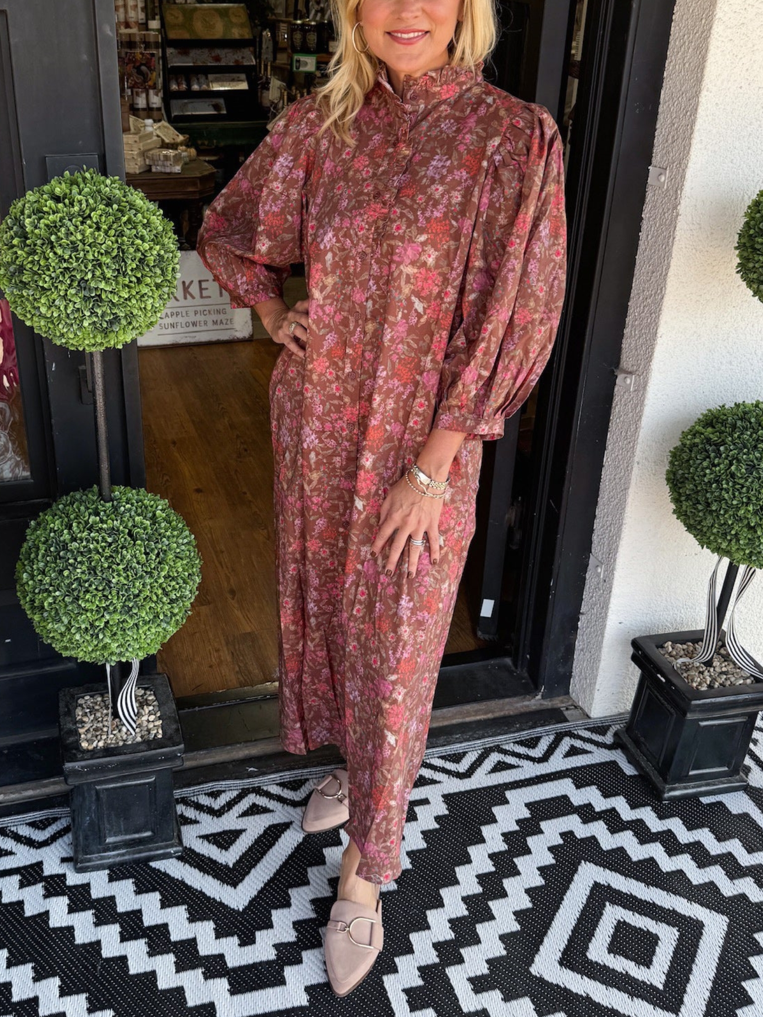 Floral Puff Sleeve Buttoned Maxi Dress (Buy 2 Free Shipping)