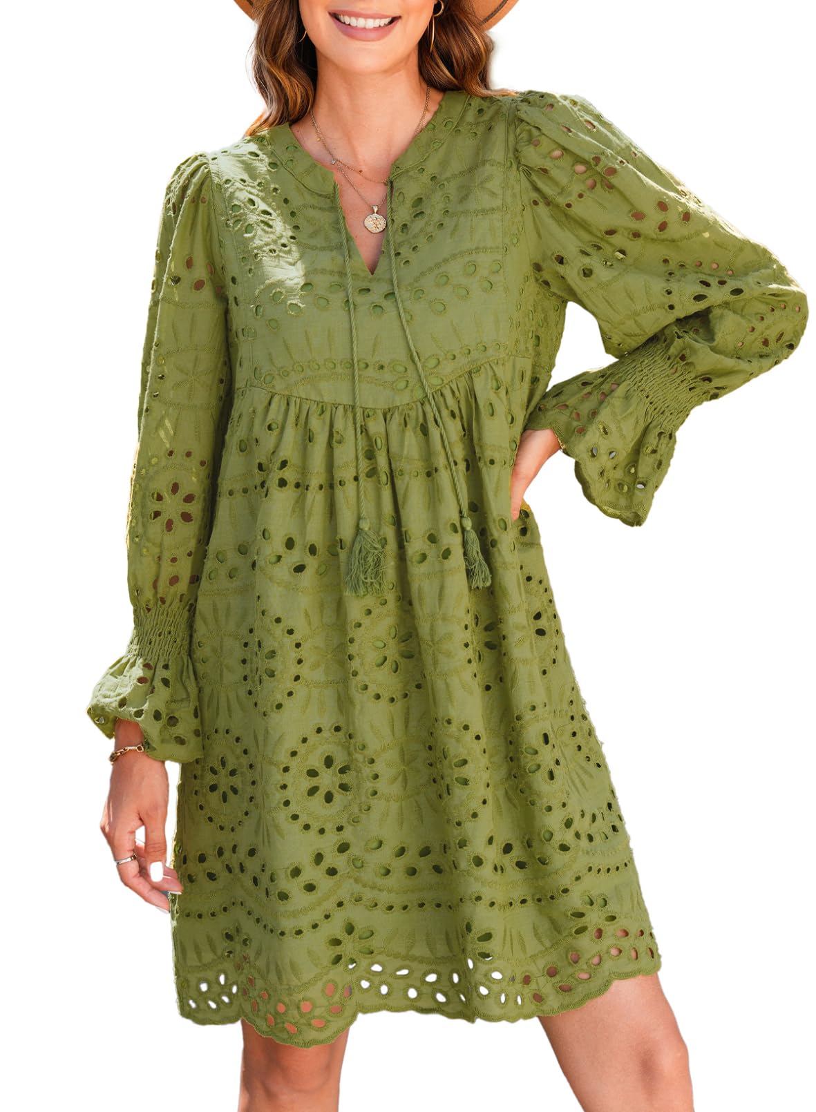 Women’s V Neck Long Sleeve Hollow Out Lace Ruffle Dresses(Buy 2 Free Shipping)
