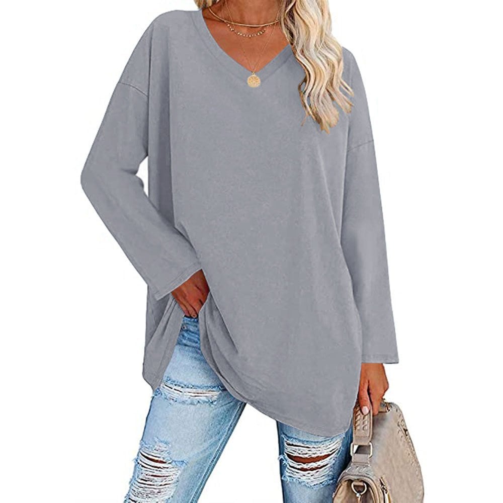 Women's Loose Long Sleeve Fashion V-neck Top-Pink Laura