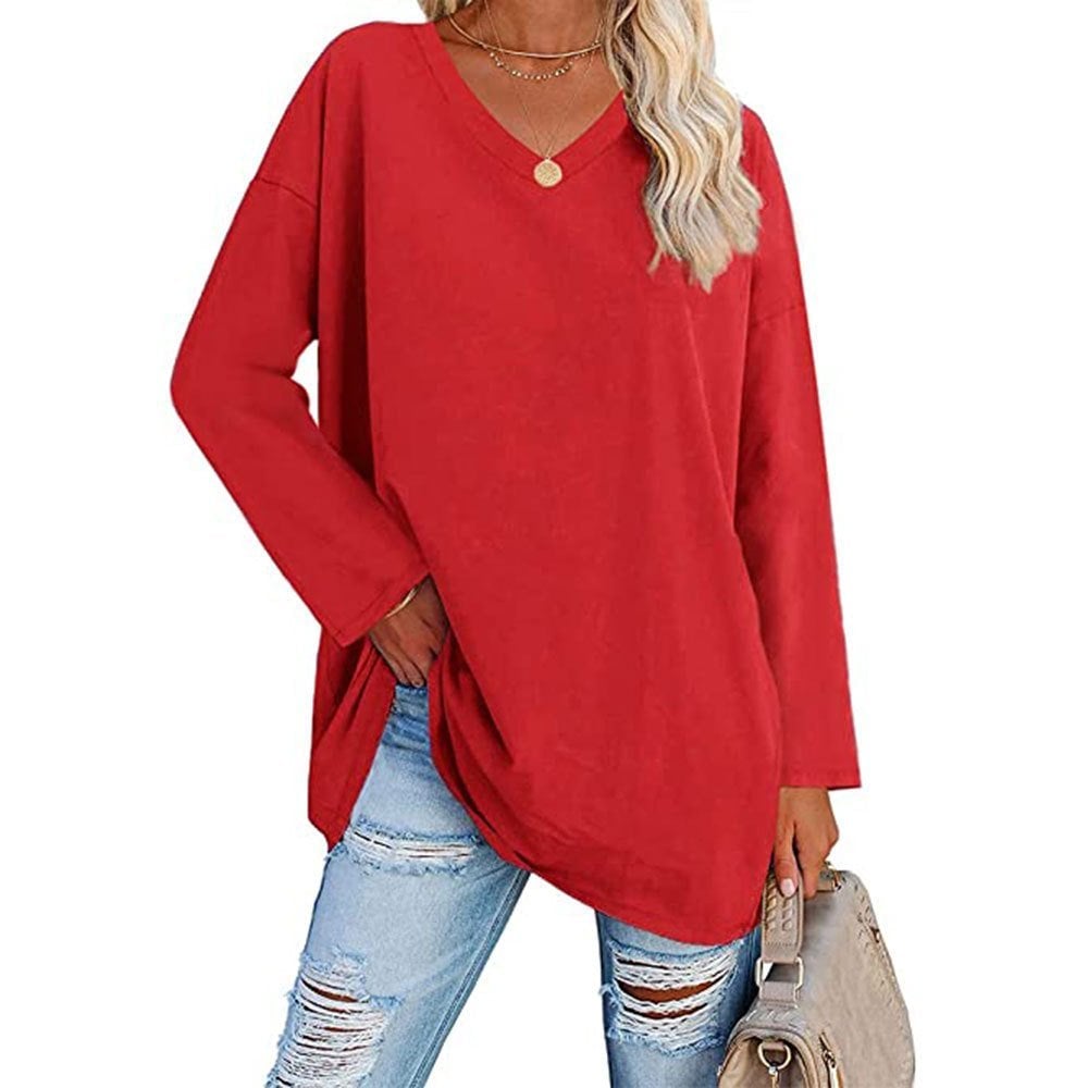 Women's Loose Long Sleeve Fashion V-neck Top-Pink Laura