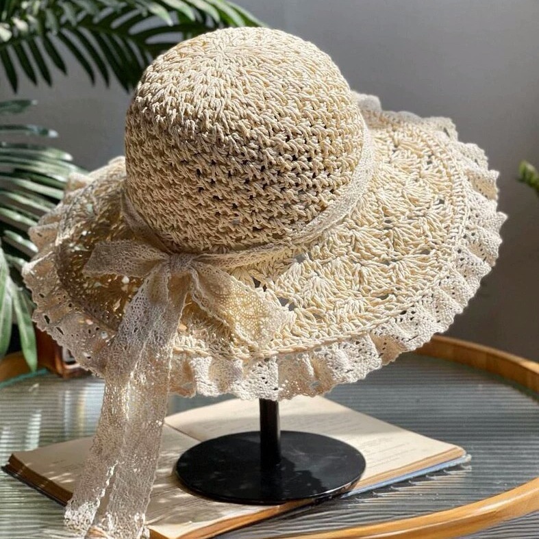 👒Elegant Crochet Straw Hat with Ruffle Detail - Perfect for Summer Travel and Beach Days🏖️