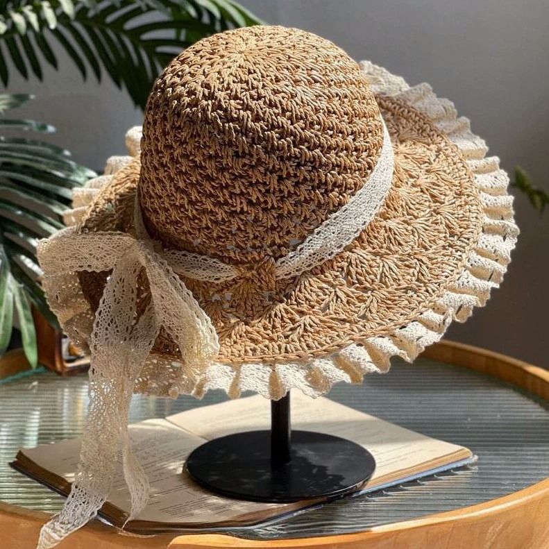 👒Elegant Crochet Straw Hat with Ruffle Detail - Perfect for Summer Travel and Beach Days🏖️