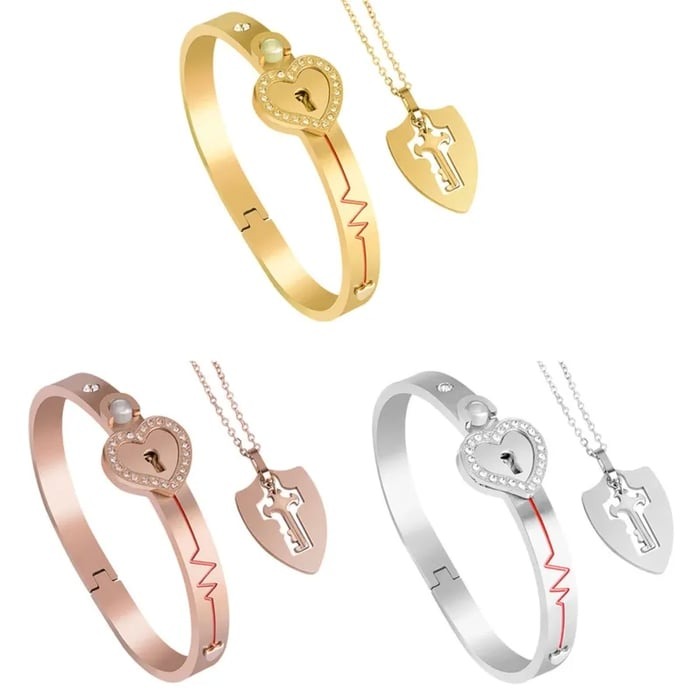 Love Lock Bracelet and Key Necklace Set-belovejewel.com