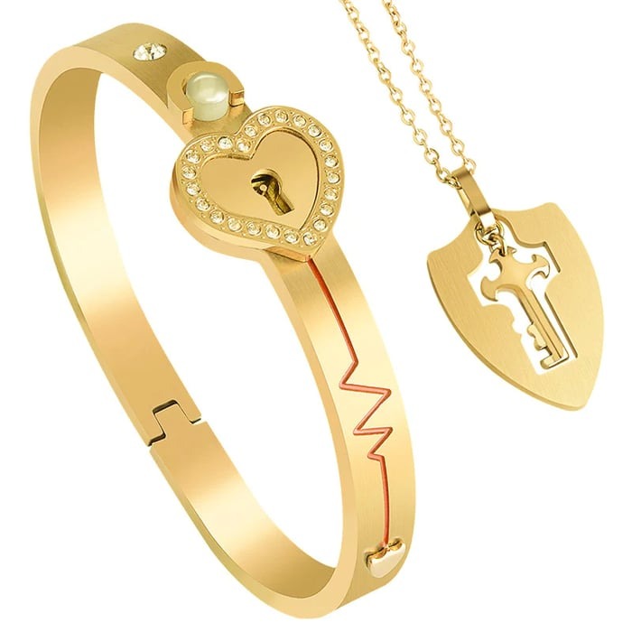 Love Lock Bracelet and Key Necklace Set-belovejewel.com