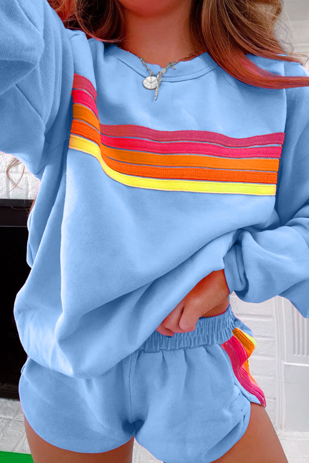 Women's Striped Oversized Sweatshirt Shorts Two-Piece Set