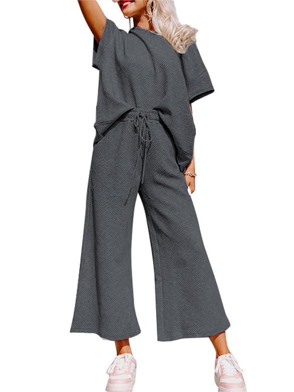 Women's Textured Loose Fit T Shirt and Drawstring Pants Casual Set (Buy 2 Free Shipping)