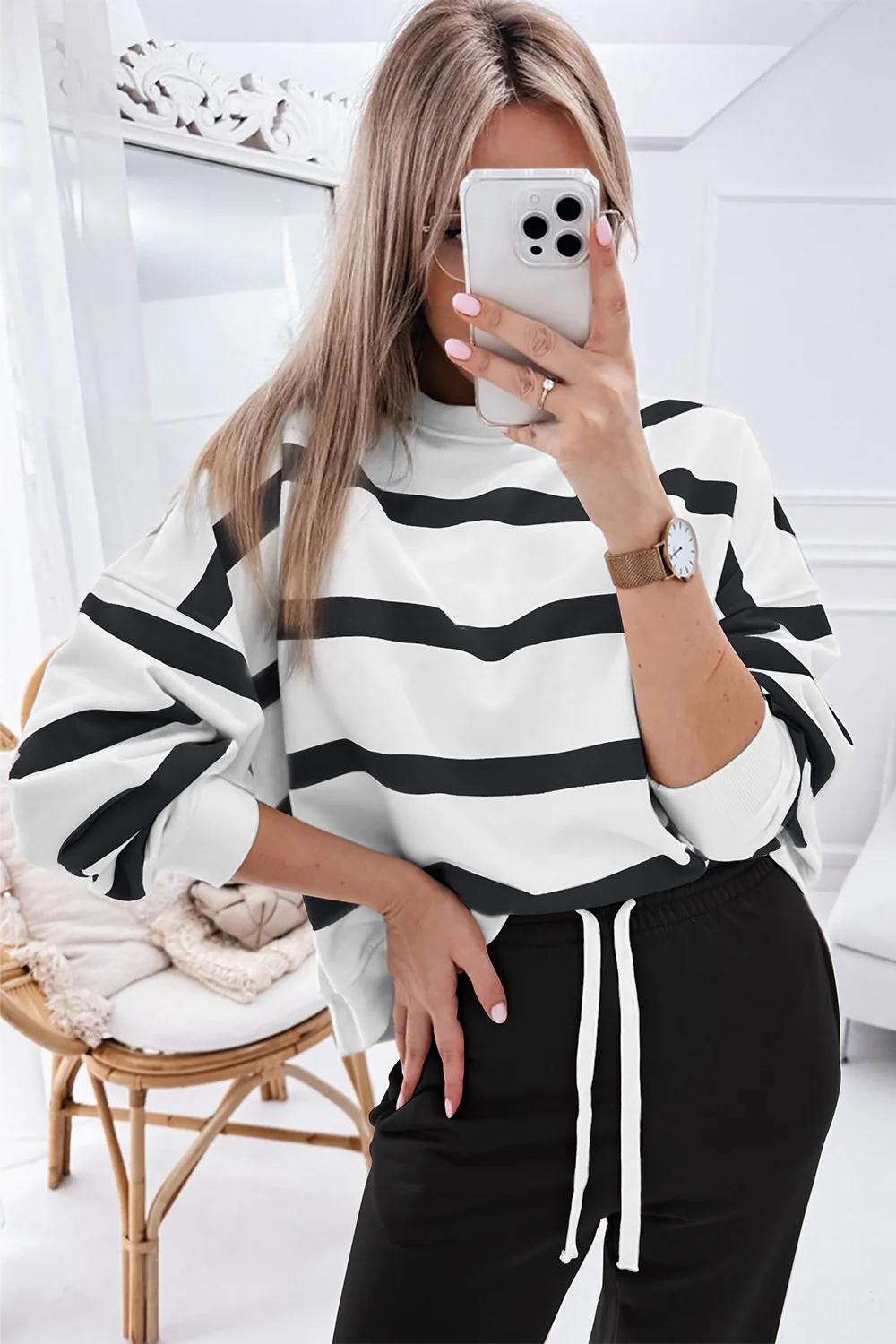 Women's Striped Drop Shoulder Pullover Tops & Jogger Pants Sets