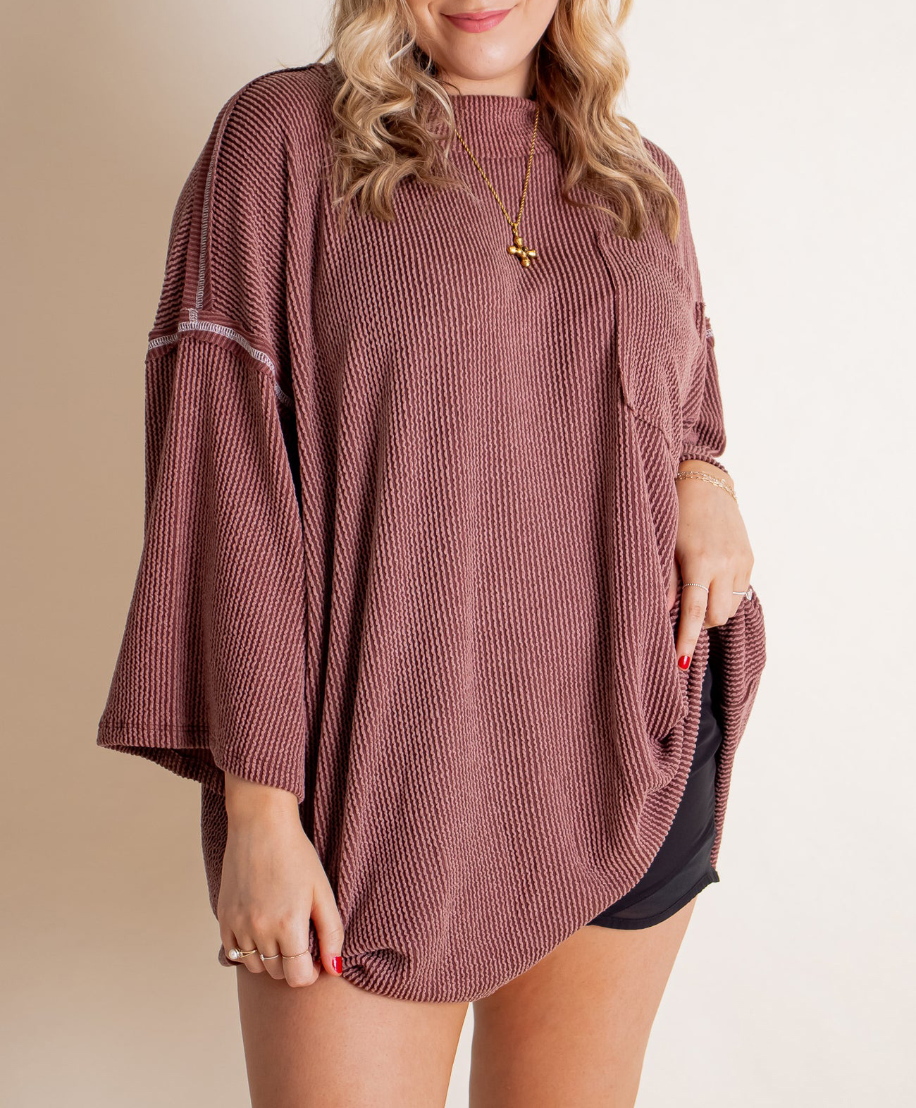 Oversized 3/4 Sleeve Ribbed Pocket Tee（Buy 3 Free Shipping）