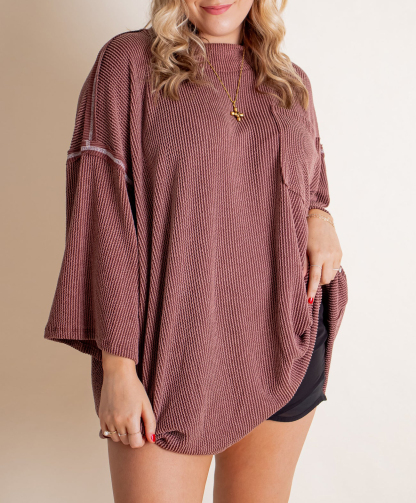 Oversized 3/4 Sleeve Ribbed Pocket Tee（Buy 3 Free Shipping）