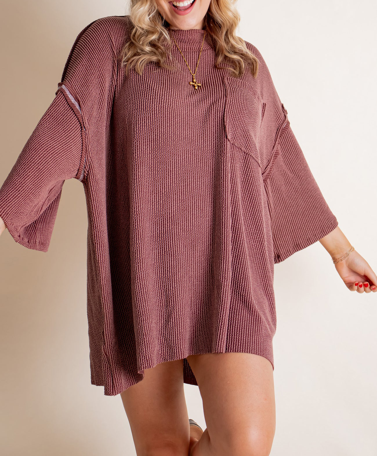 Oversized 3/4 Sleeve Ribbed Pocket Tee（Buy 3 Free Shipping）