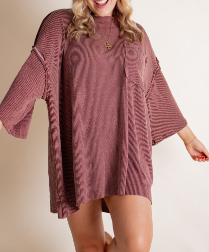 Oversized 3/4 Sleeve Ribbed Pocket Tee（Buy 3 Free Shipping）