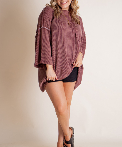 Oversized 3/4 Sleeve Ribbed Pocket Tee（Buy 3 Free Shipping）