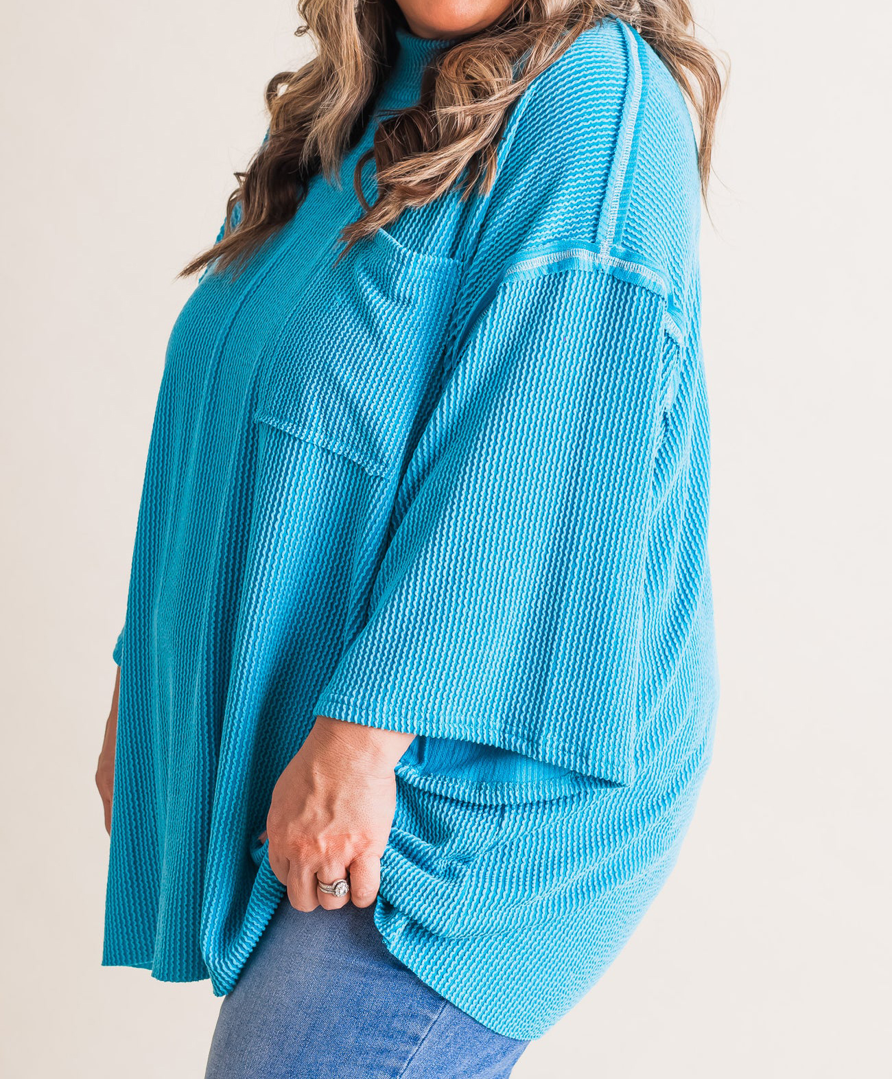 Oversized 3/4 Sleeve Ribbed Pocket Tee（Buy 3 Free Shipping）