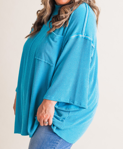 Oversized 3/4 Sleeve Ribbed Pocket Tee（Buy 3 Free Shipping）