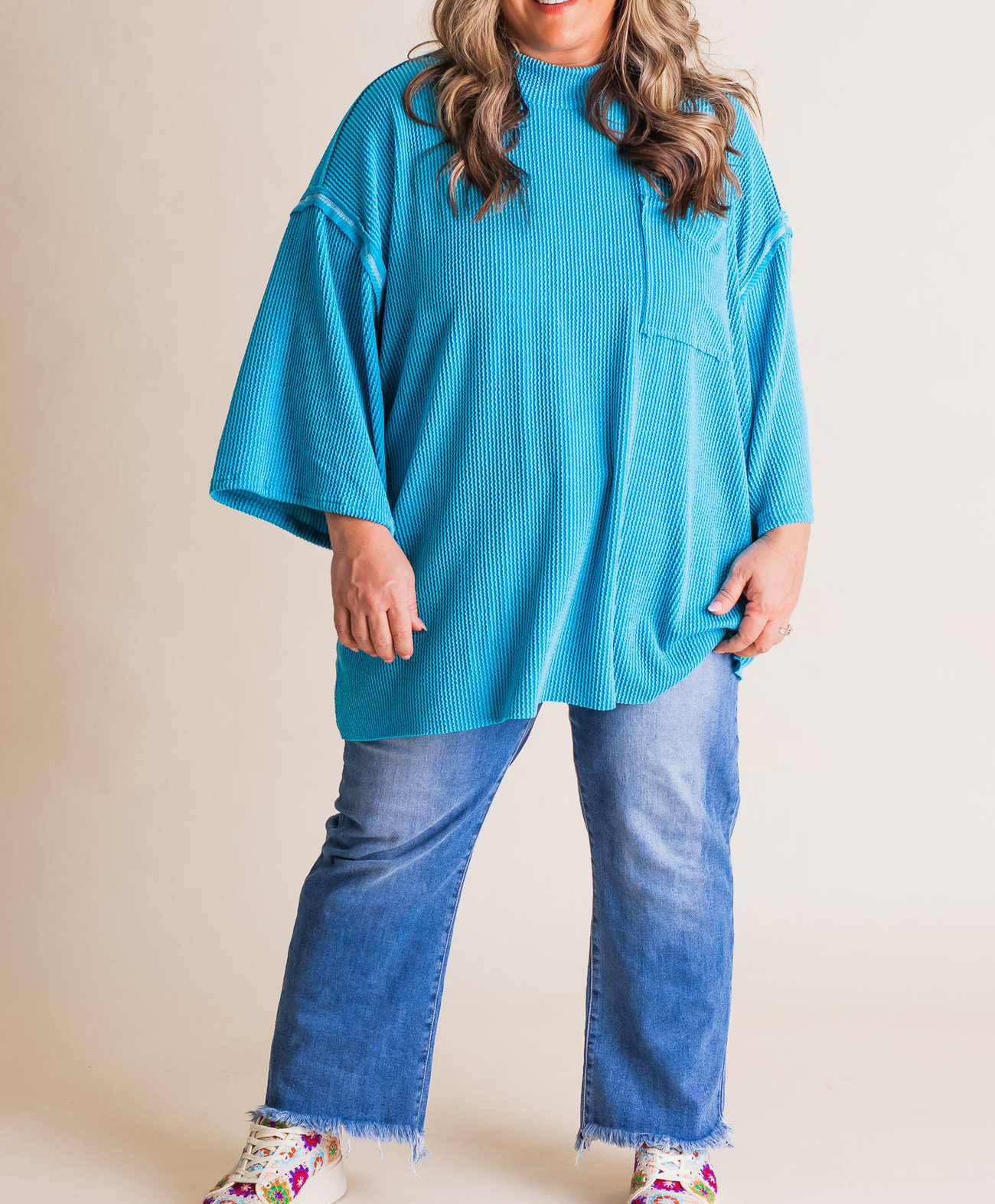 Oversized 3/4 Sleeve Ribbed Pocket Tee（Buy 3 Free Shipping）