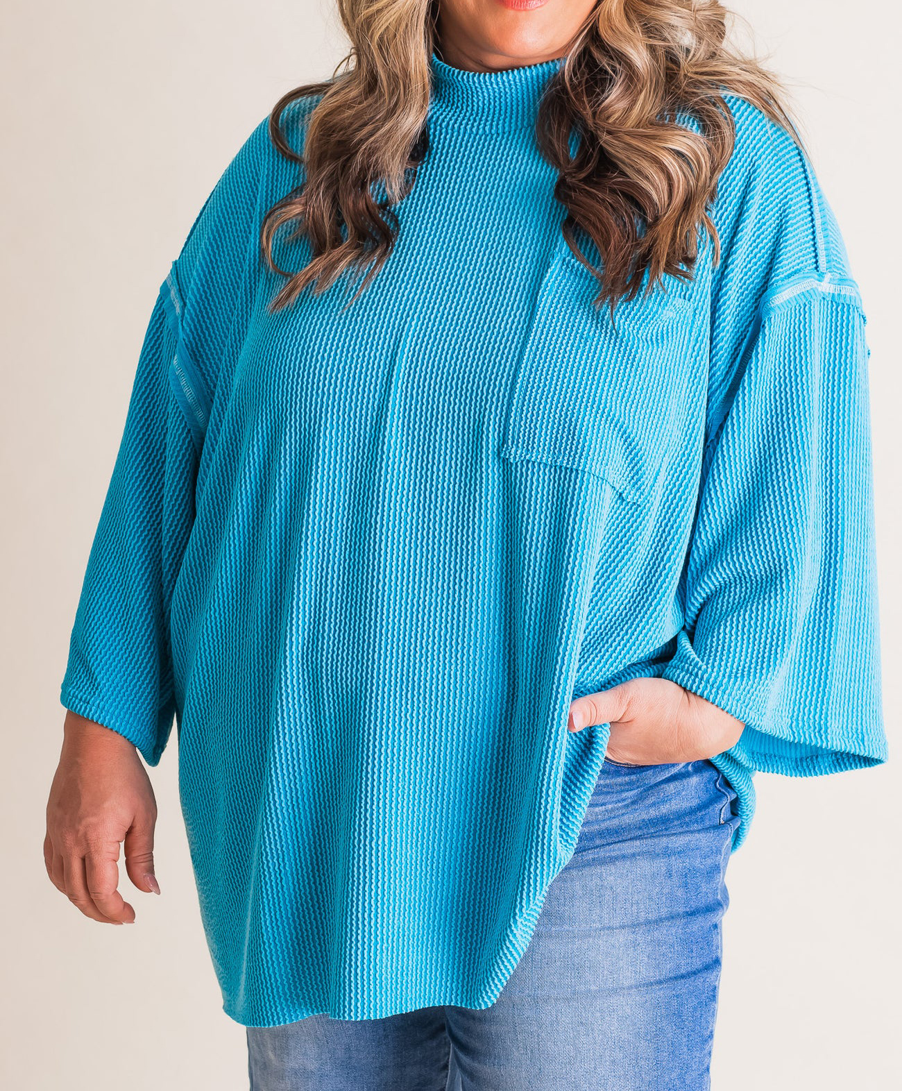 Oversized 3/4 Sleeve Ribbed Pocket Tee（Buy 3 Free Shipping）